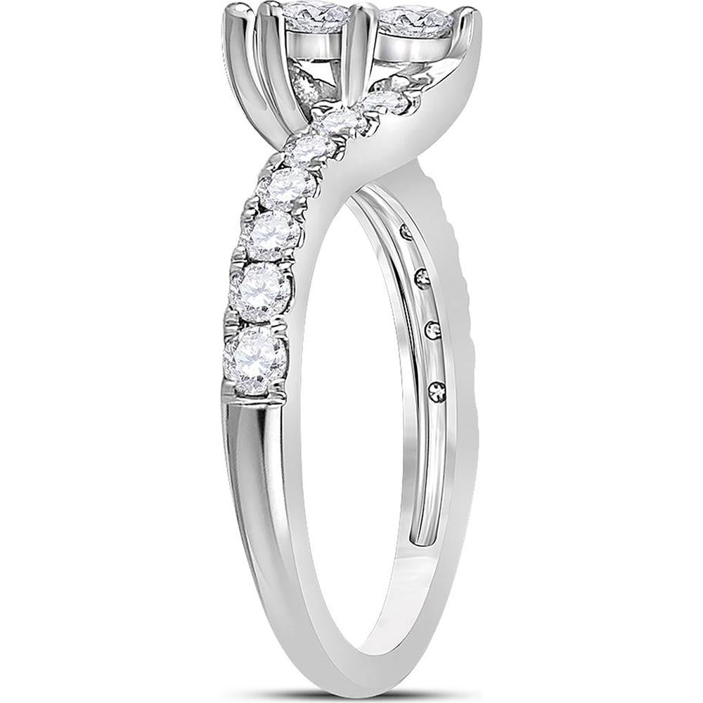 GND 14K White Gold 2-Stone Round Diamond Engagement Ring with Pave-Set Diamond Band - 1.00 Carat Total Diamond Weight