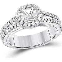 GND 14K White Gold 3/4 Carat Round Diamond Halo Bridal Semi-Mount Ring with Prong Set Accent Stones