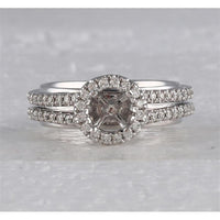 GND 14K White Gold 3/4 Carat Round Diamond Halo Bridal Semi-Mount Ring with Prong Set Accent Stones