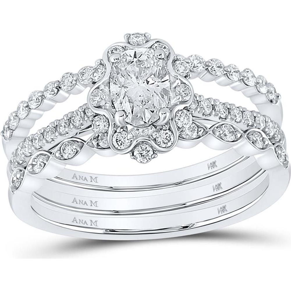 GND 14K White Gold 3-Piece Bridal Wedding Ring Set with Oval and Round Prong-Set Diamonds - 1.00 Carat Total Diamond Weight
