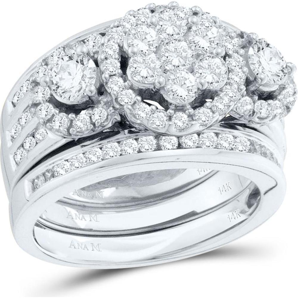 GND 14K White Gold 3-Piece Bridal Wedding Ring Set with Pave-Set Round Diamonds - 2.00 Carat Total Diamond Weight