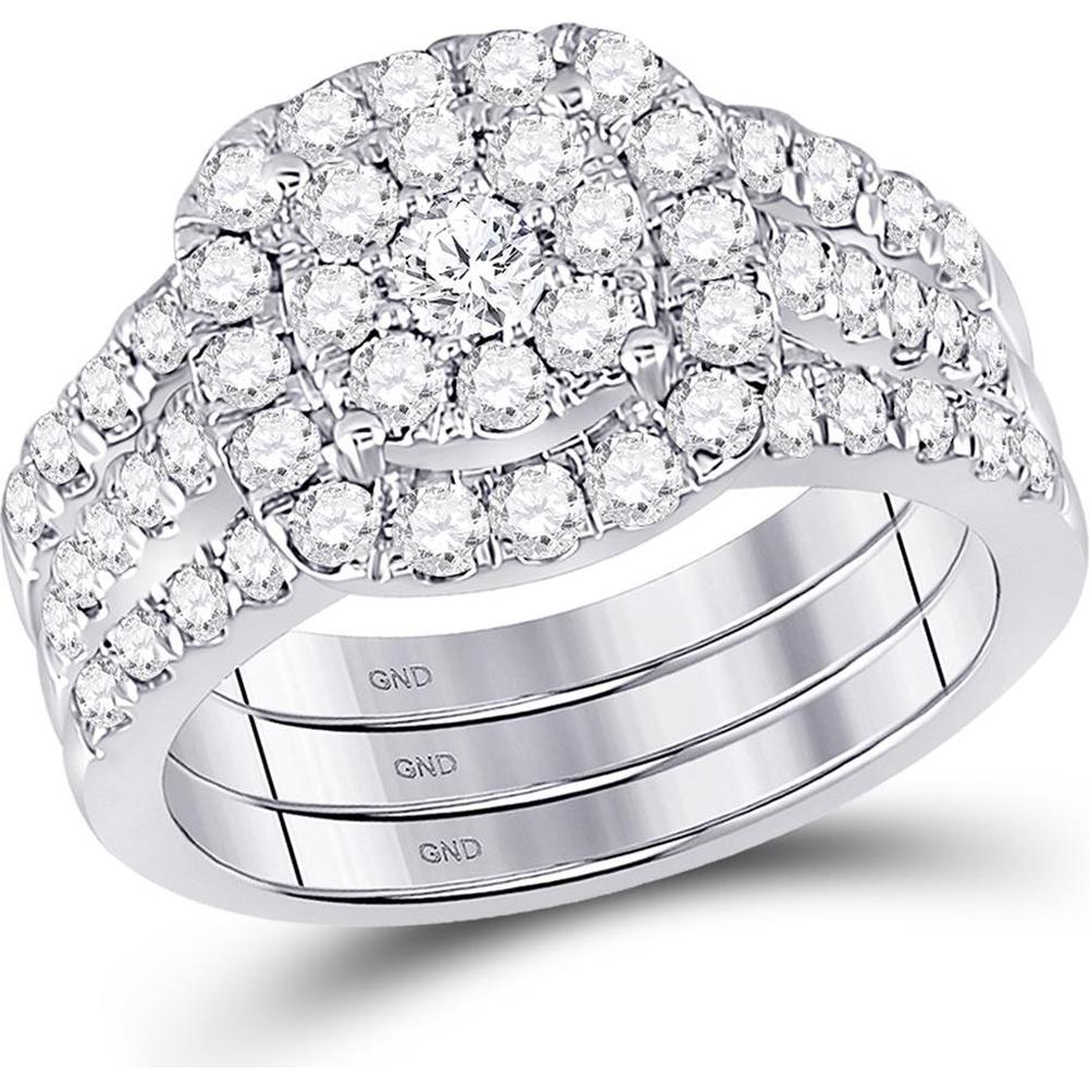 GND 14K White Gold 3-Piece Bridal Wedding Ring Set with Round Prong-Set Diamonds - 1.5 Carat Total Carat Weight