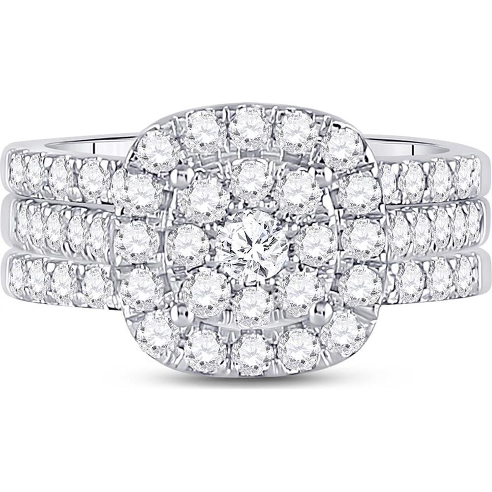 GND 14K White Gold 3-Piece Bridal Wedding Ring Set with Round Prong-Set Diamonds - 1.5 Carat Total Carat Weight