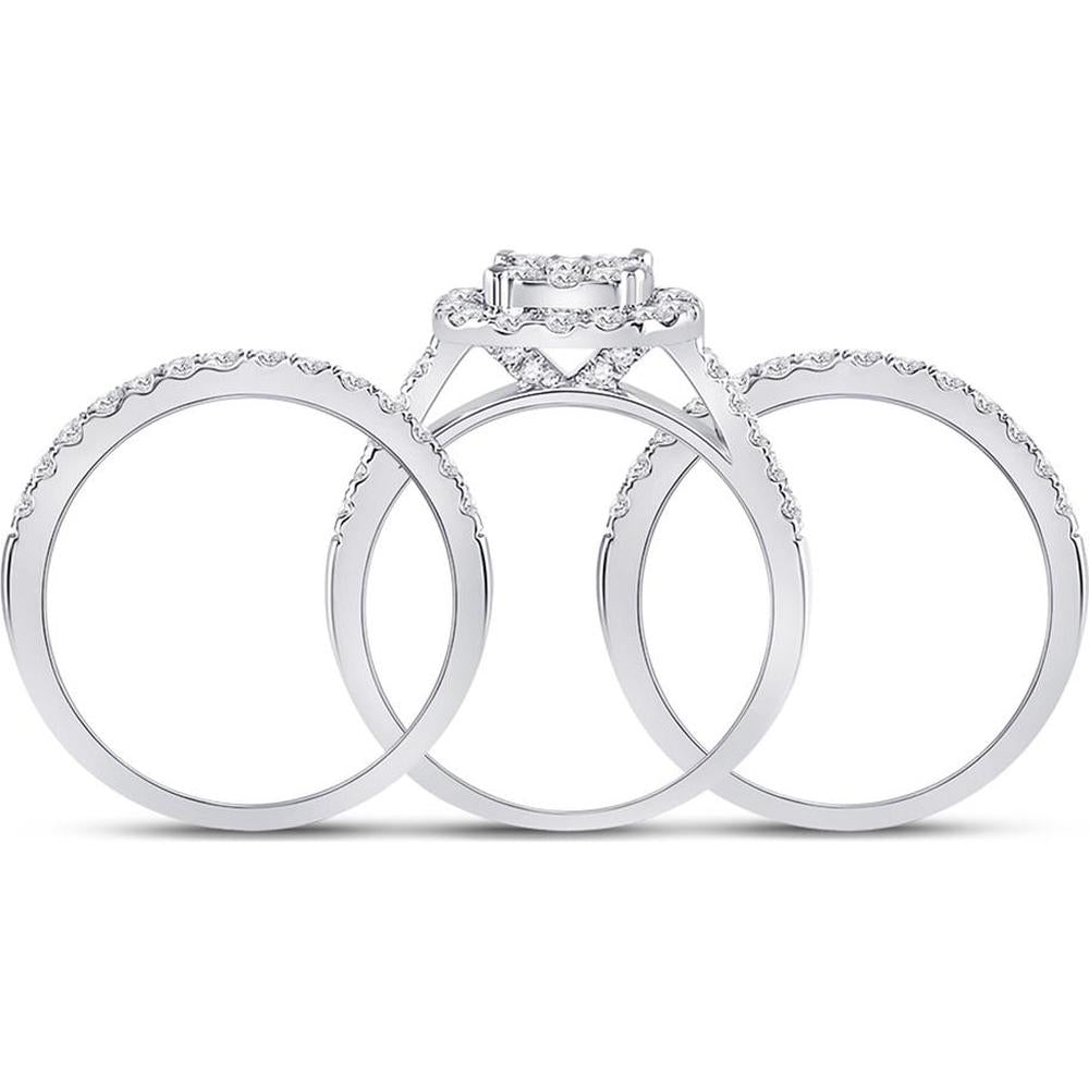 GND 14K White Gold 3-Piece Bridal Wedding Ring Set with Round Prong-Set Diamonds - 1.5 Carat Total Carat Weight