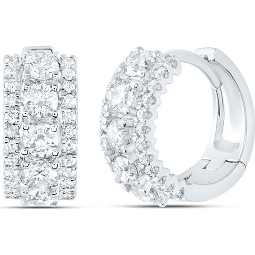 GND 14K White Gold 3-Row Huggie Earrings with Prong and Pave Set Round Diamonds – 1 Carat Total Diamond Weight