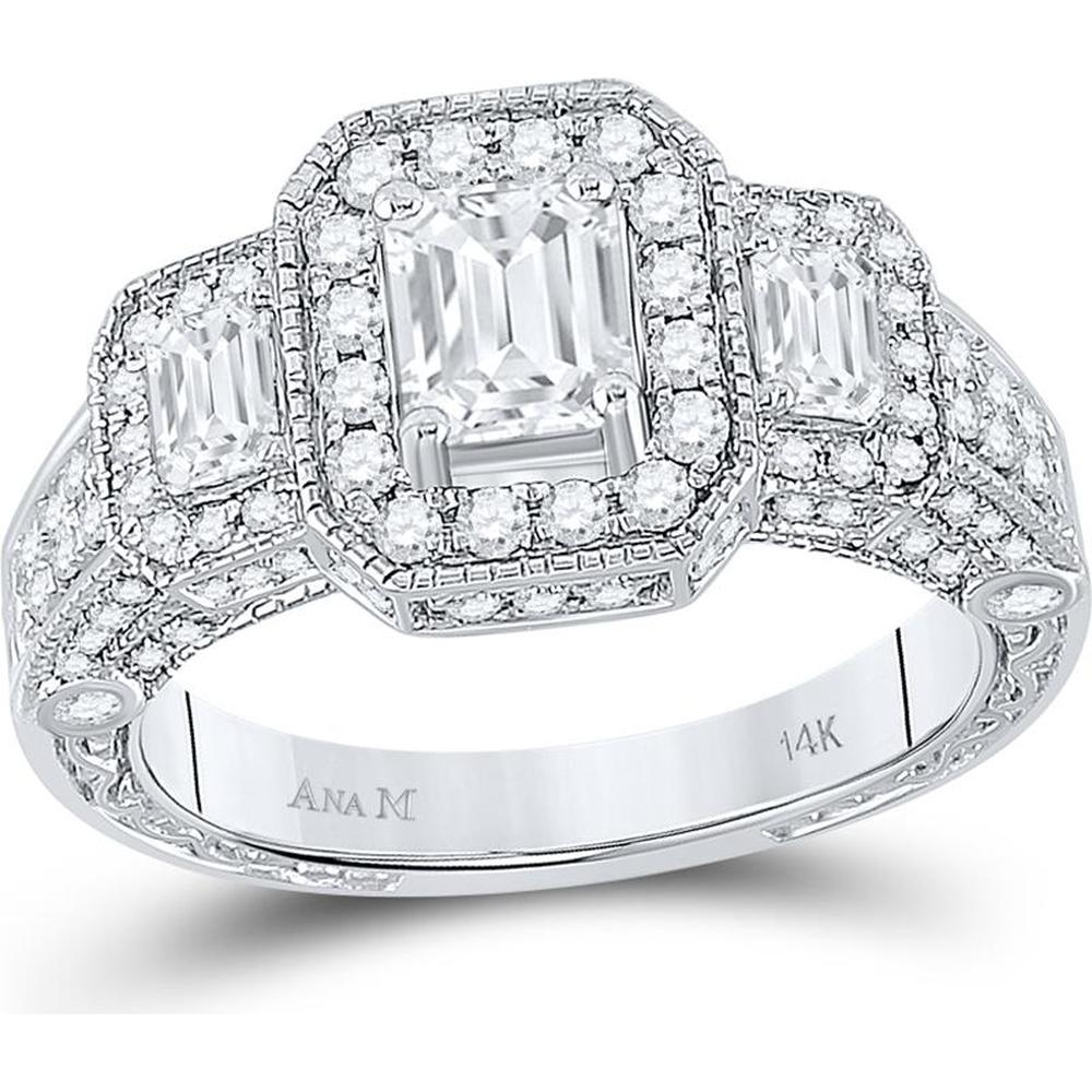 GND 14K White Gold 3-Stone Bridal Engagement Ring with Emerald and Round Diamonds - 2.00 Carat Total Diamond Weight