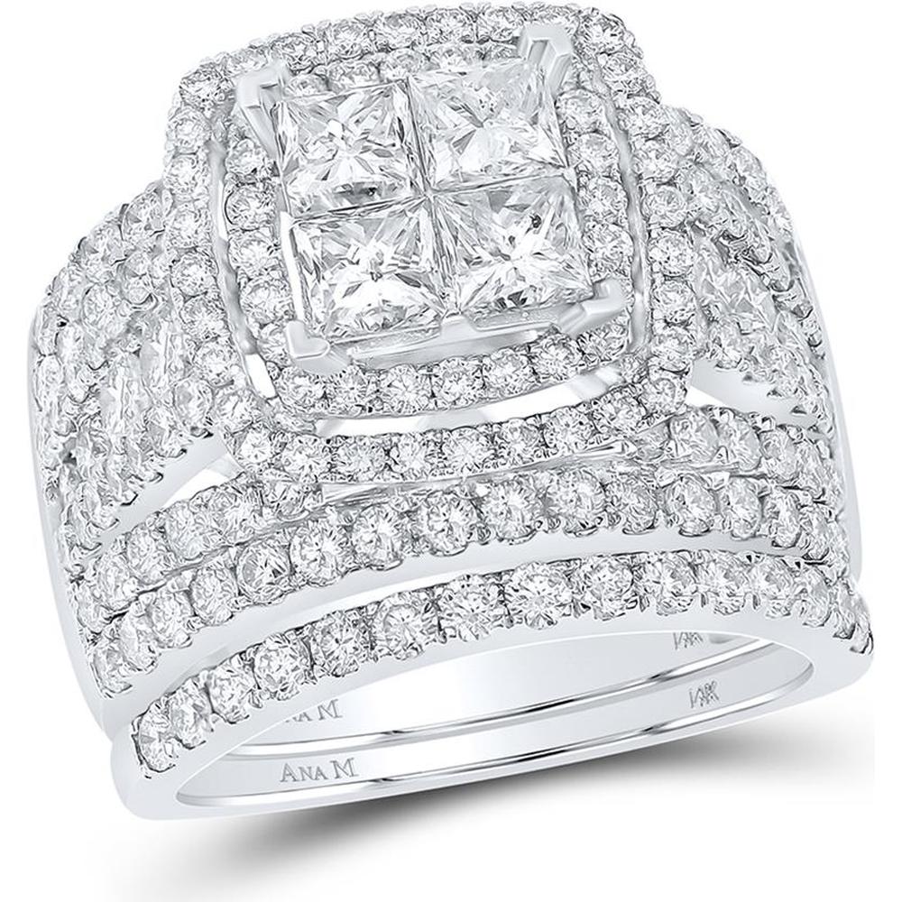 GND 14K White Gold 4 Carat Tessera Invisible Bridal Ring Set with Princess and Round Cut Diamonds