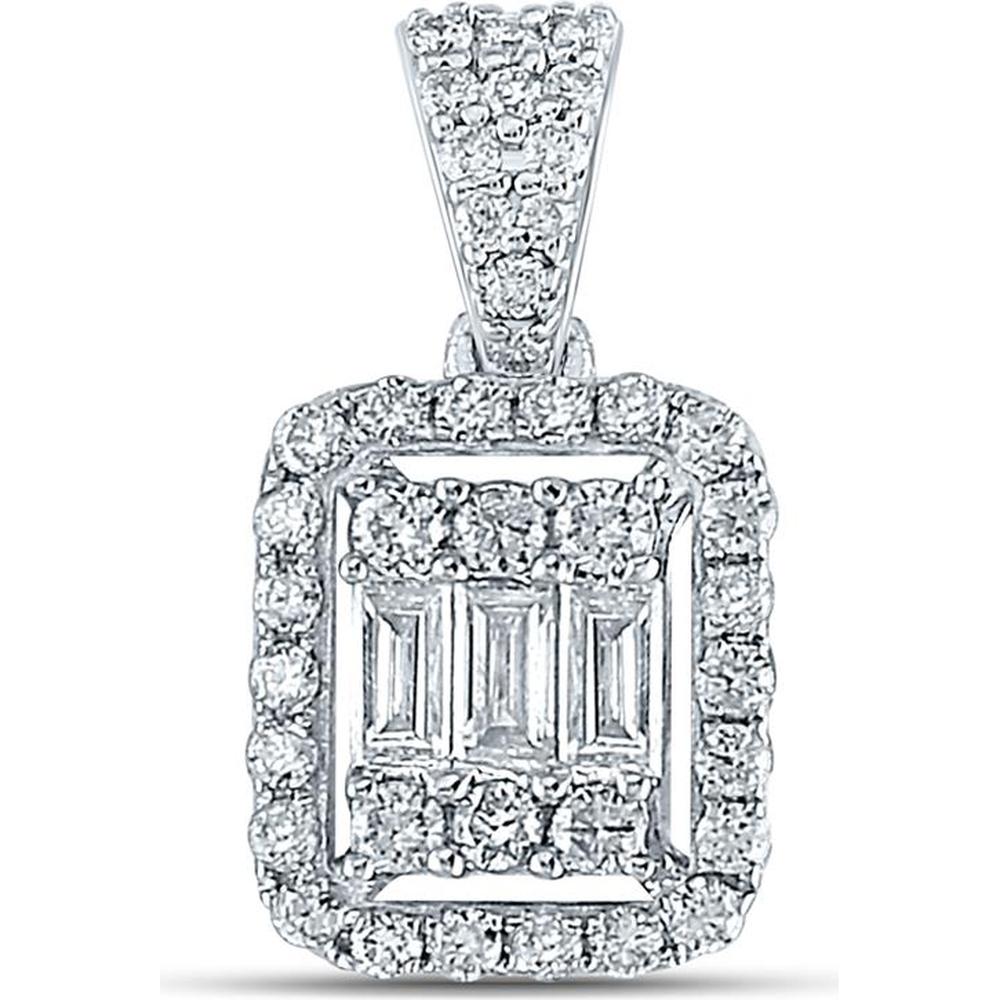 GND 14K White Gold Baguette and Round Diamond Cluster Pendant - 0.50 Carat Total Diamond Weight