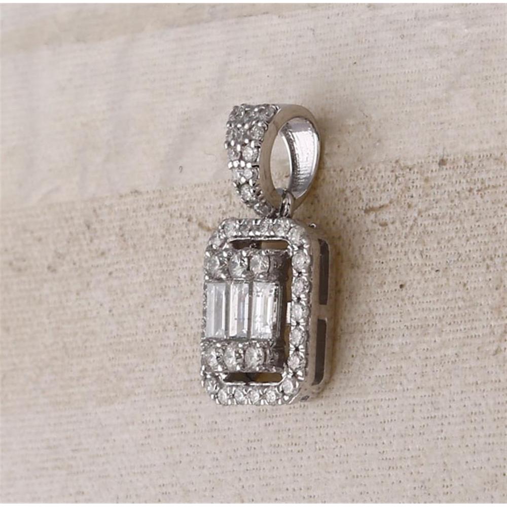 GND 14K White Gold Baguette and Round Diamond Cluster Pendant - 0.50 Carat Total Diamond Weight