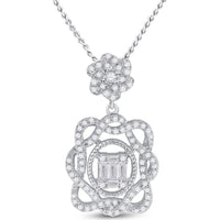 GND 14K White Gold Baguette and Round Diamond Dangle Oval Pendant - 0.38 Carat Total Diamond Weight