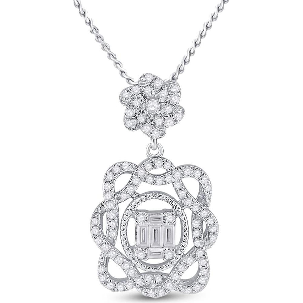 GND 14K White Gold Baguette and Round Diamond Dangle Oval Pendant - 0.38 Carat Total Diamond Weight
