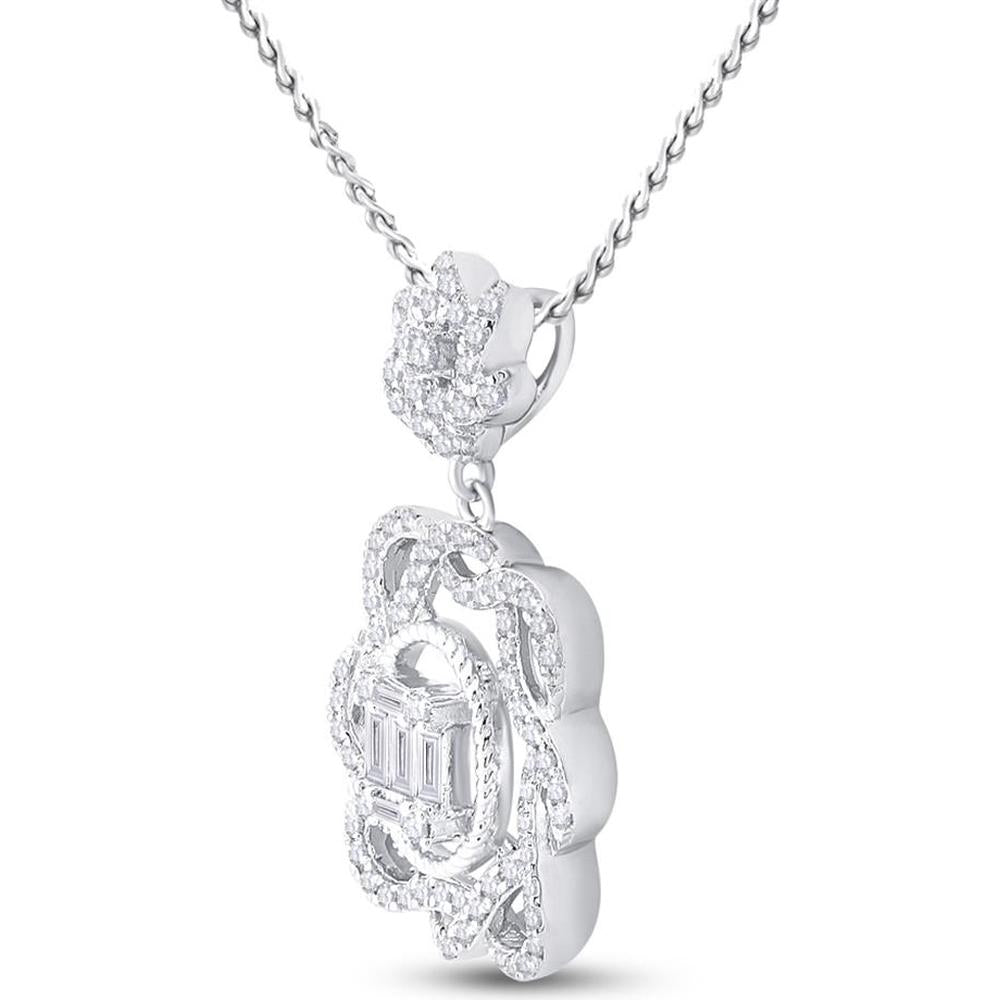 GND 14K White Gold Baguette and Round Diamond Dangle Oval Pendant - 0.38 Carat Total Diamond Weight