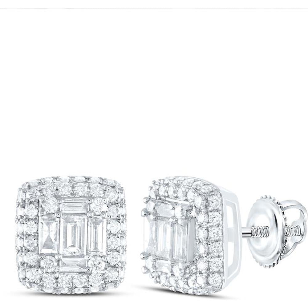 GND 14K White Gold Baguette Diamond Cluster Earrings with Pave-Set Round Diamonds - 1.00 Carat Total Diamond Weight