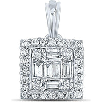 GND 14K White Gold Baguette Diamond Square Cluster Pendant with Round Diamond Halo - 0.20 Carat Total Diamond Weight
