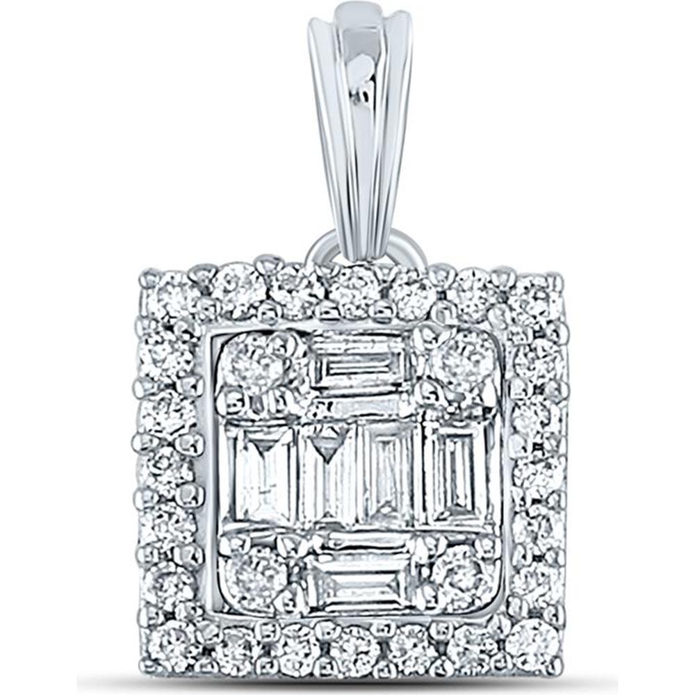 GND 14K White Gold Baguette Diamond Square Cluster Pendant with Round Diamond Halo - 0.20 Carat Total Diamond Weight