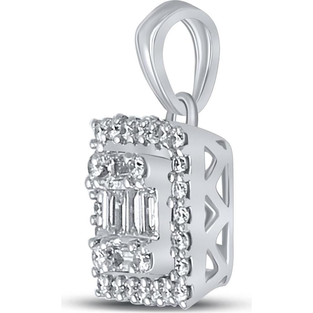GND 14K White Gold Baguette Diamond Square Cluster Pendant with Round Diamond Halo - 0.20 Carat Total Diamond Weight
