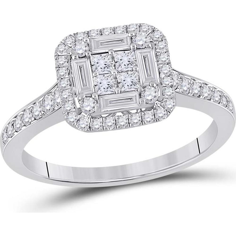 GND 14K White Gold Baguette Diamond Square Cluster Ring with Prong-Set and Pave-Set Diamonds - 3/4 Carat Total Diamond Weight