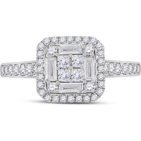 GND 14K White Gold Baguette Diamond Square Cluster Ring with Prong-Set and Pave-Set Diamonds - 3/4 Carat Total Diamond Weight
