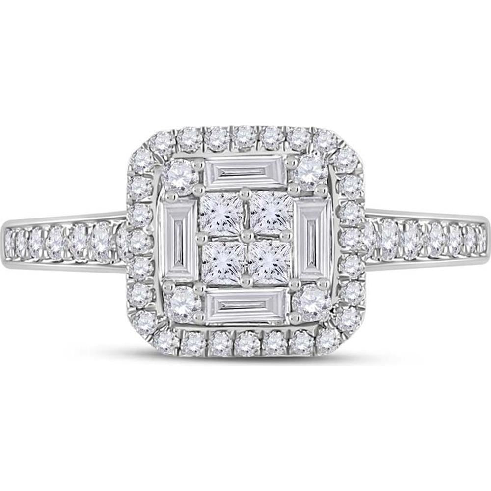 GND 14K White Gold Baguette Diamond Square Cluster Ring with Prong-Set and Pave-Set Diamonds - 3/4 Carat Total Diamond Weight