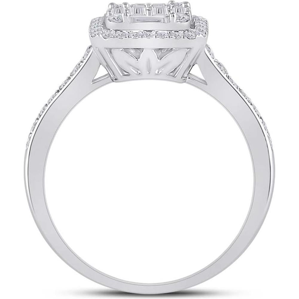 GND 14K White Gold Baguette Diamond Square Cluster Ring with Prong-Set and Pave-Set Diamonds - 3/4 Carat Total Diamond Weight