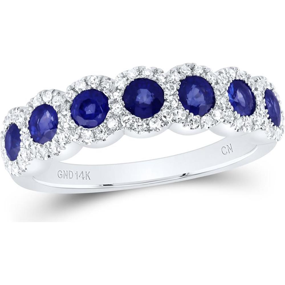 GND 14K White Gold Band Ring with Prong-Set Round Blue Sapphires and Diamond Halo - 1.26 Carat Total Gemstone Weight