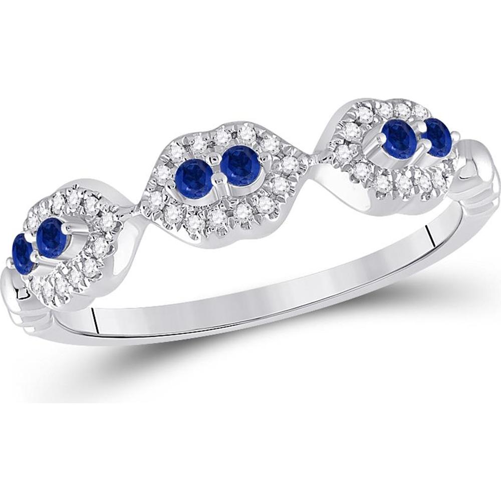 GND 14K White Gold Band Ring with Prong-Set Round Blue Sapphires and Diamonds - 0.208 Carat Total Gemstone Weight