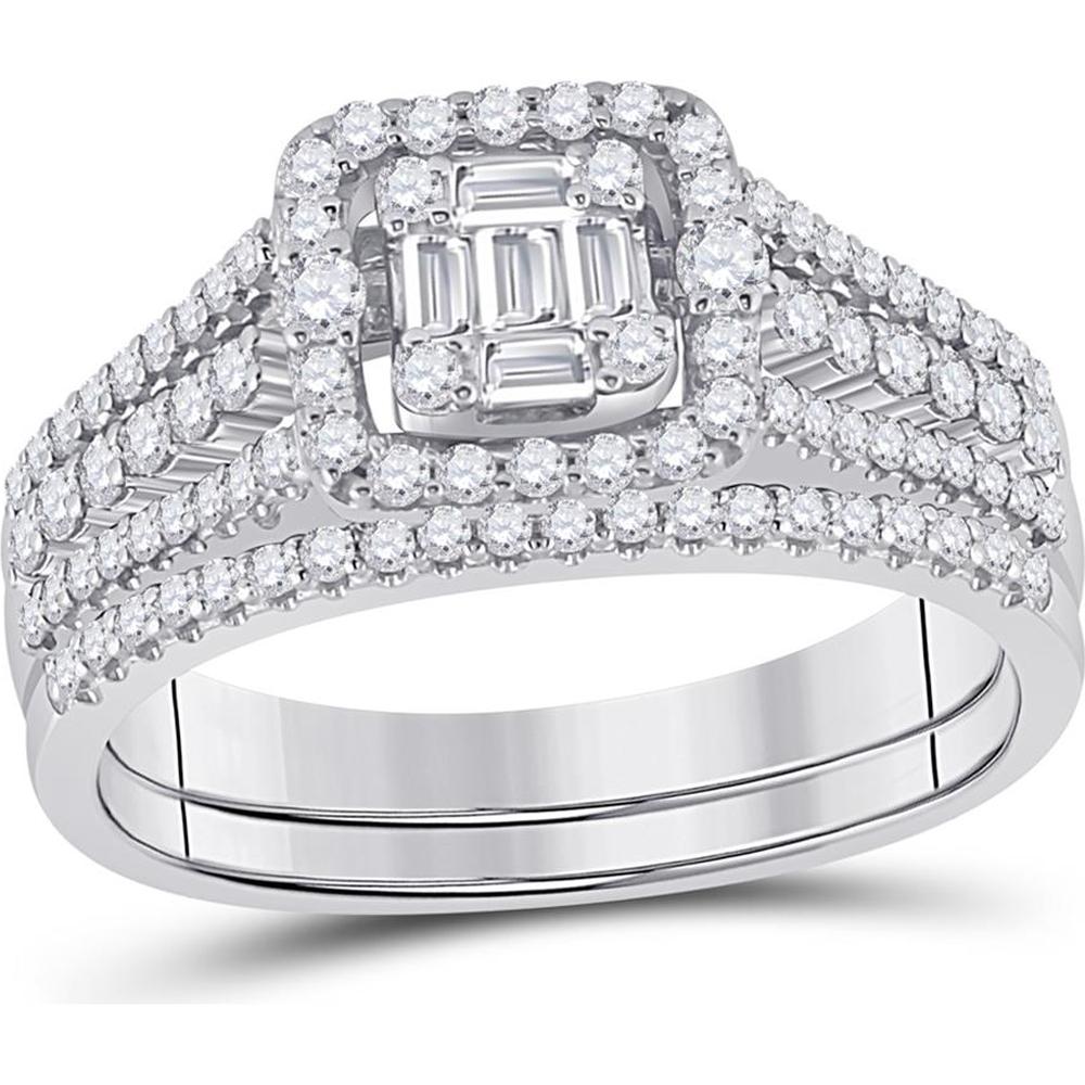 GND 14K White Gold Bridal Engagement Ring with Baguette and Round Diamond Cluster - 7/8 Carat Total Carat Weight