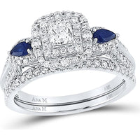 GND 14K White Gold Bridal Set with 0.31 Carat Princess-Cut Diamond, 0.45 Carat Round Diamonds, and 0.17 Carat Pear-Shaped Blue Sapphires