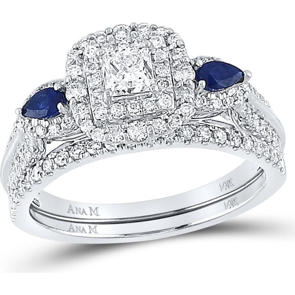 GND 14K White Gold Bridal Set with 0.31 Carat Princess-Cut Diamond, 0.45 Carat Round Diamonds, and 0.17 Carat Pear-Shaped Blue Sapphires