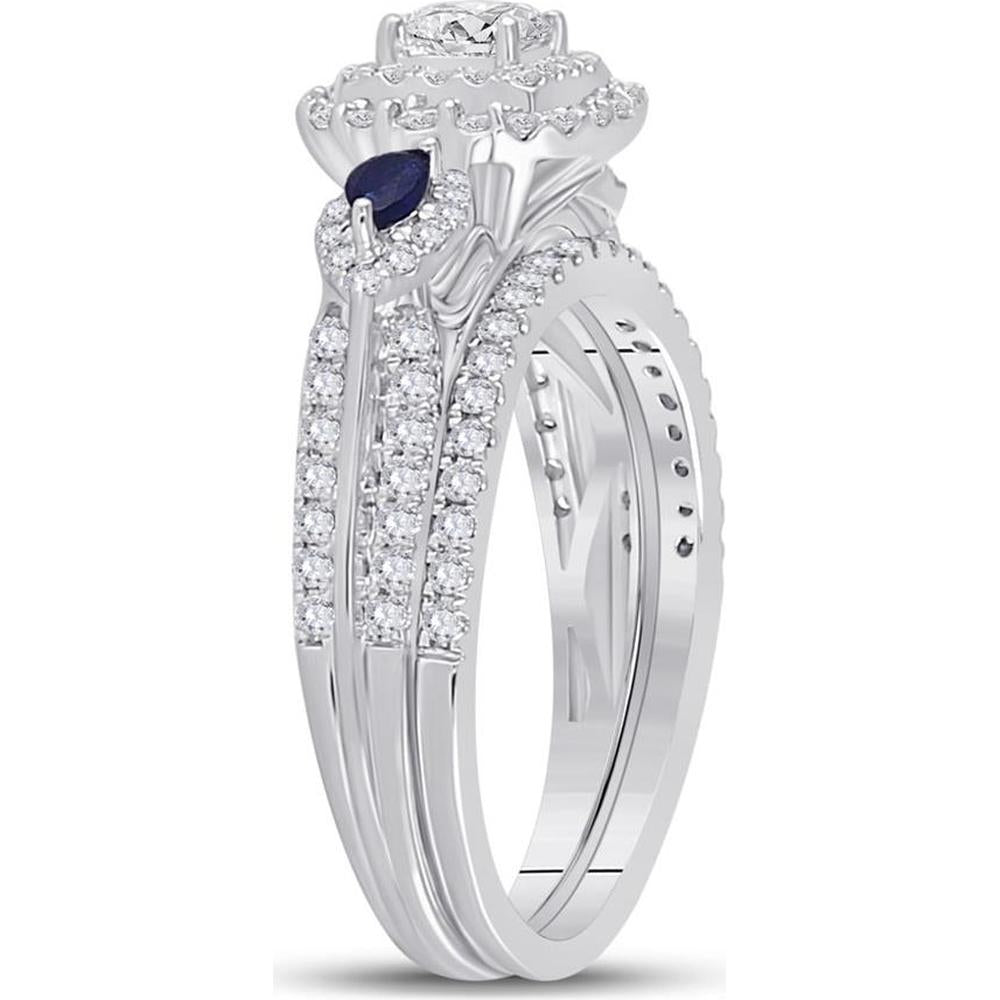 GND 14K White Gold Bridal Set with 0.31 Carat Princess-Cut Diamond, 0.45 Carat Round Diamonds, and 0.17 Carat Pear-Shaped Blue Sapphires