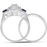 GND 14K White Gold Bridal Set with 0.31 Carat Princess-Cut Diamond, 0.45 Carat Round Diamonds, and 0.17 Carat Pear-Shaped Blue Sapphires