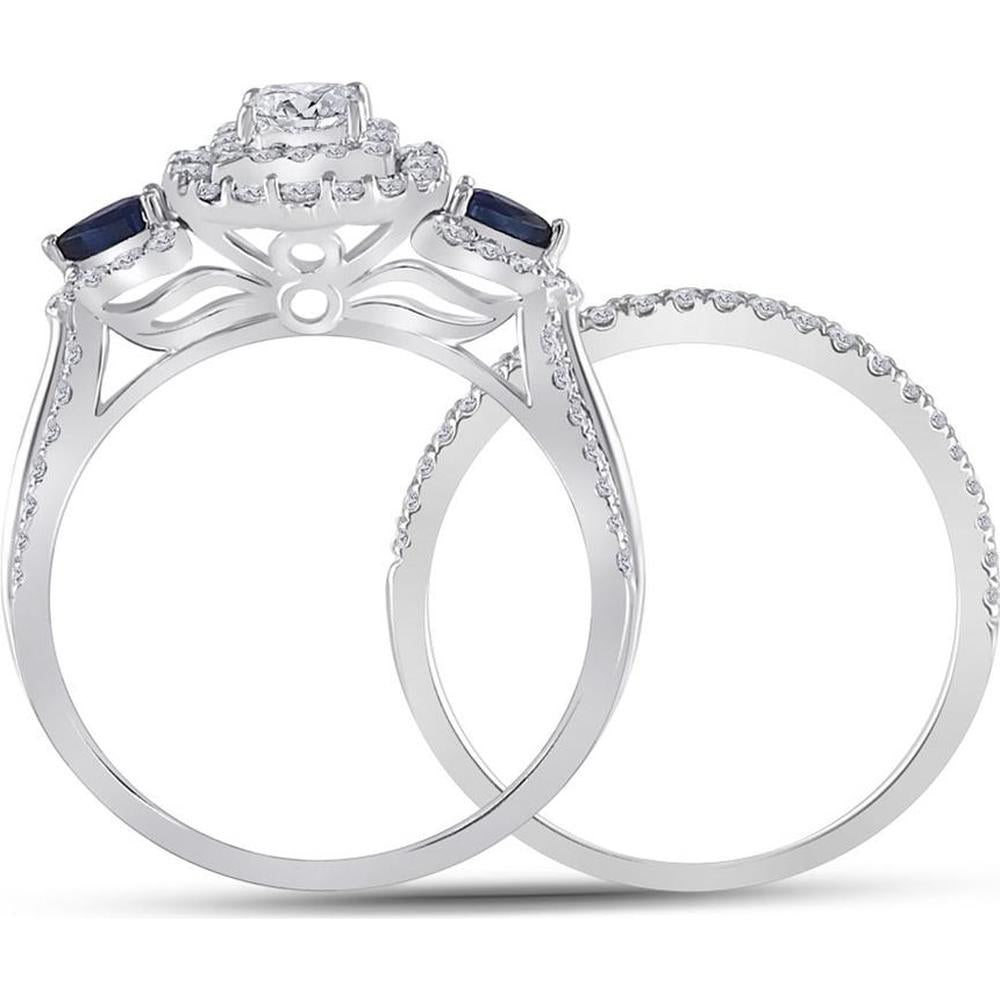 GND 14K White Gold Bridal Set with 0.31 Carat Princess-Cut Diamond, 0.45 Carat Round Diamonds, and 0.17 Carat Pear-Shaped Blue Sapphires
