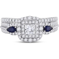 GND 14K White Gold Bridal Set with 0.31 Carat Princess-Cut Diamond, 0.45 Carat Round Diamonds, and 0.17 Carat Pear-Shaped Blue Sapphires