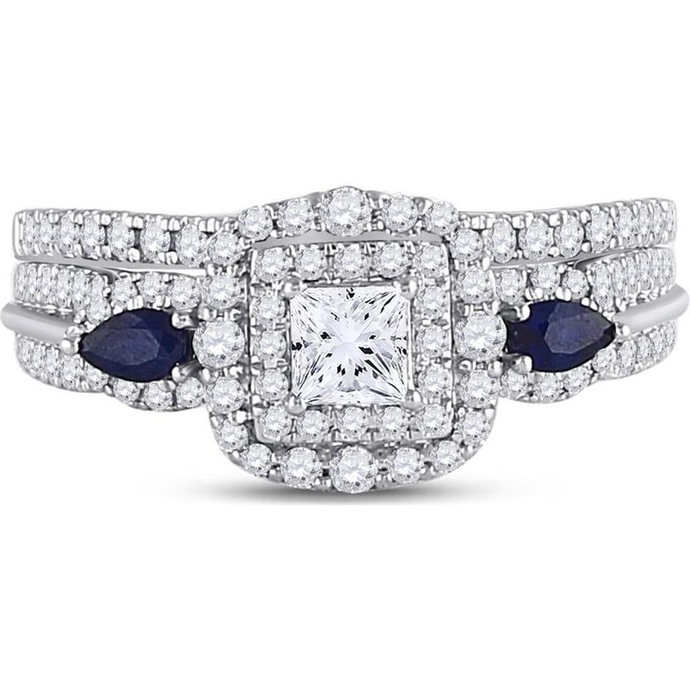 GND 14K White Gold Bridal Set with 0.31 Carat Princess-Cut Diamond, 0.45 Carat Round Diamonds, and 0.17 Carat Pear-Shaped Blue Sapphires