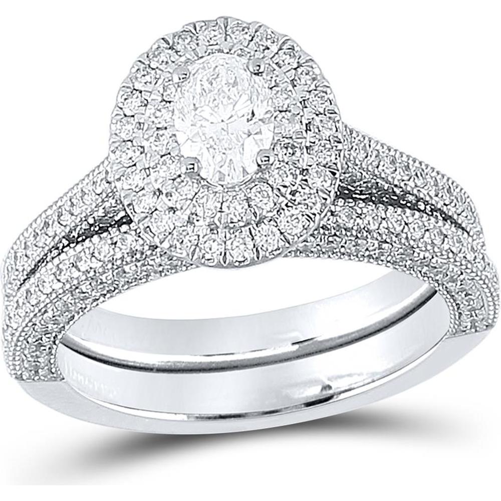 GND 14K White Gold Bridal Set with 0.50 Carat Oval Diamond and 1.13 Carat Round Diamond Halo - 1 5/8 Total Diamond Weight
