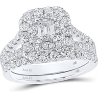 GND 14K White Gold Bridal Set with Emerald-Cut Diamond and Round Diamond Halo - 2.00 Carat Total Diamond Weight