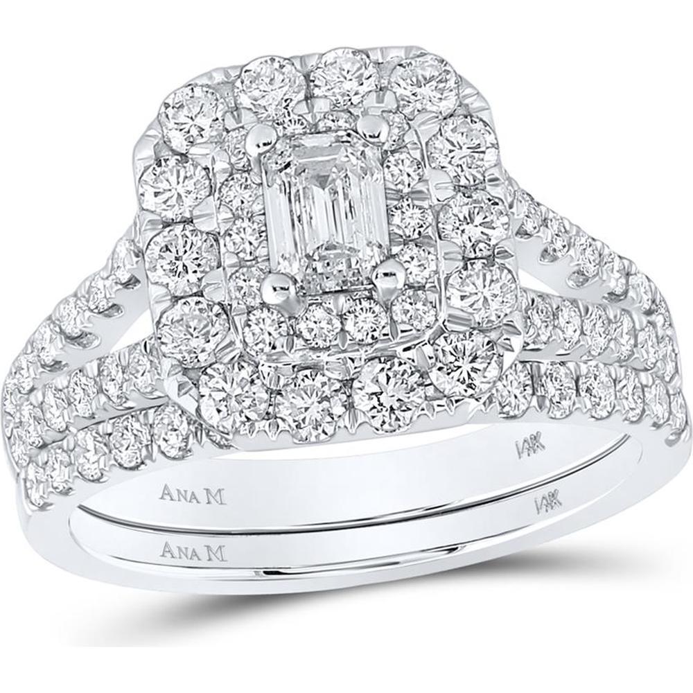 GND 14K White Gold Bridal Set with Emerald-Cut Diamond and Round Diamond Halo - 2.00 Carat Total Diamond Weight