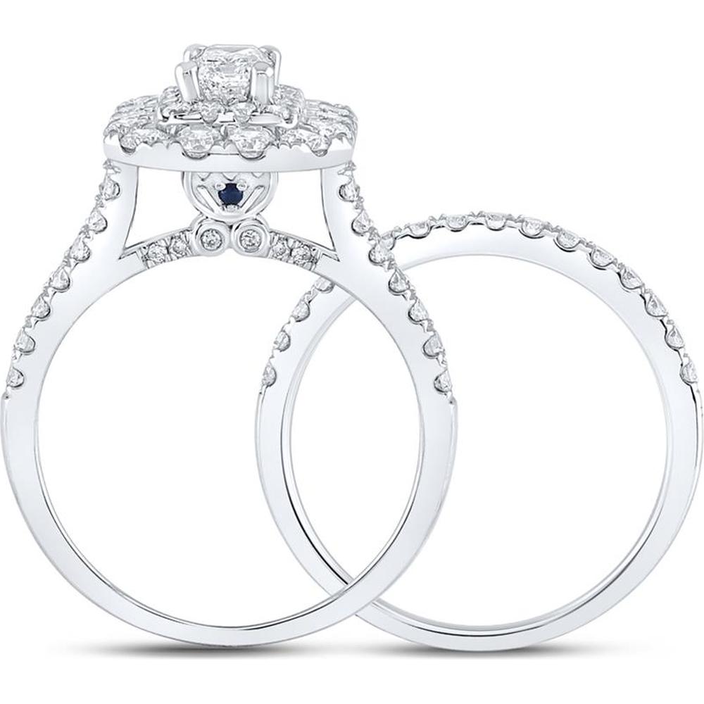 GND 14K White Gold Bridal Set with Emerald-Cut Diamond and Round Diamond Halo - 2.00 Carat Total Diamond Weight