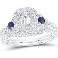 GND 14K White Gold Bridal Wedding Ring Set with 0.31 Carat Emerald Diamond and Blue Sapphire Accents