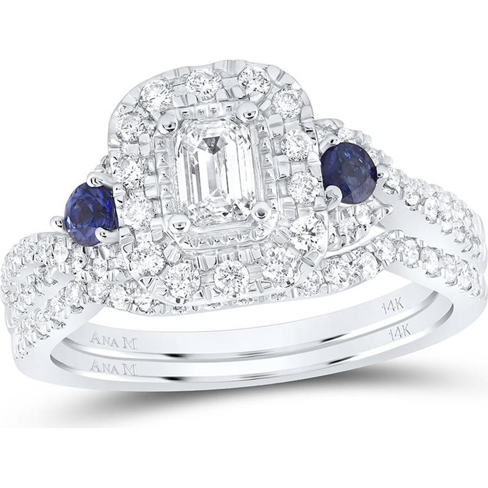 GND 14K White Gold Bridal Wedding Ring Set with 0.31 Carat Emerald Diamond and Blue Sapphire Accents