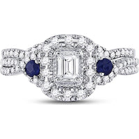 GND 14K White Gold Bridal Wedding Ring Set with 0.31 Carat Emerald Diamond and Blue Sapphire Accents