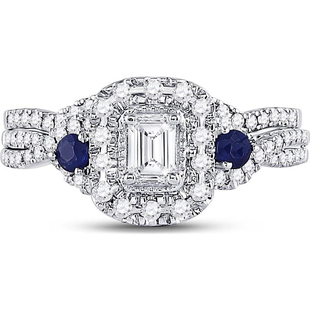GND 14K White Gold Bridal Wedding Ring Set with 0.31 Carat Emerald Diamond and Blue Sapphire Accents