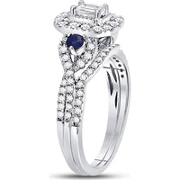 GND 14K White Gold Bridal Wedding Ring Set with 0.31 Carat Emerald Diamond and Blue Sapphire Accents