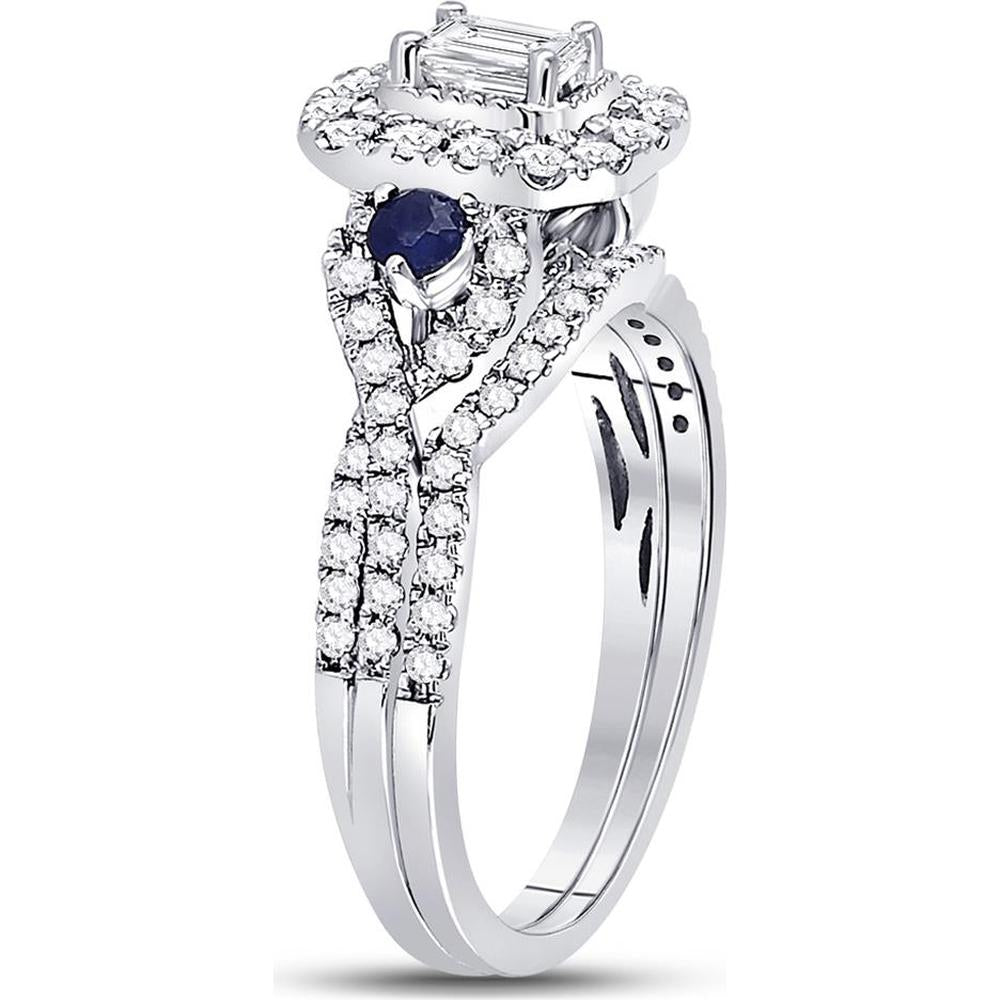 GND 14K White Gold Bridal Wedding Ring Set with 0.31 Carat Emerald Diamond and Blue Sapphire Accents