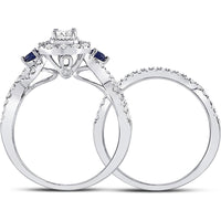 GND 14K White Gold Bridal Wedding Ring Set with 0.31 Carat Emerald Diamond and Blue Sapphire Accents