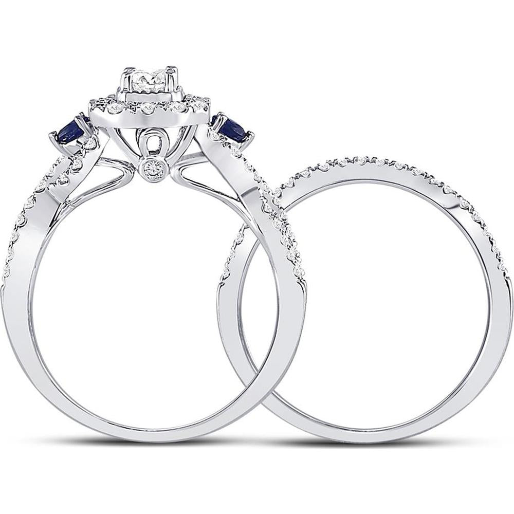 GND 14K White Gold Bridal Wedding Ring Set with 0.31 Carat Emerald Diamond and Blue Sapphire Accents