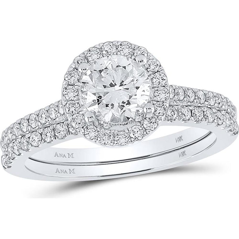 GND 14K White Gold Bridal Wedding Ring Set with 1 Carat Round Diamond Halo and 0.53 Carat Pave Diamonds - 1.5 Carat Total Carat Weight