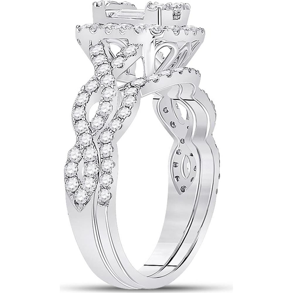GND 14K White Gold Bridal Wedding Ring Set with Channel-Set Baguette and Round Diamonds - 1.00 Total Carat Weight