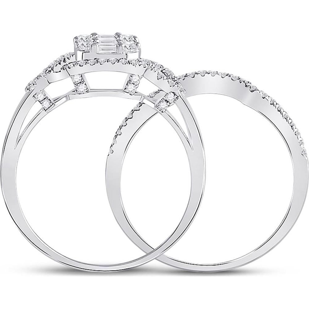 GND 14K White Gold Bridal Wedding Ring Set with Channel-Set Baguette and Round Prong-Set Diamonds - 0.66 Carat Total Diamond Weight