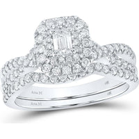 GND 14K White Gold Bridal Wedding Ring Set with Emerald-Cut and Round Diamonds - 1 Carat Total Diamond Weight